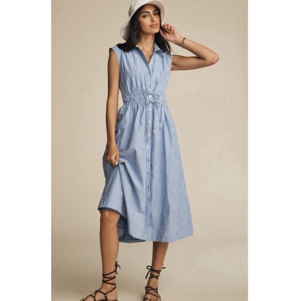 Anthropologie (S) Maeve Striped Button Down Dress- Midi Blue/White Sleeveless